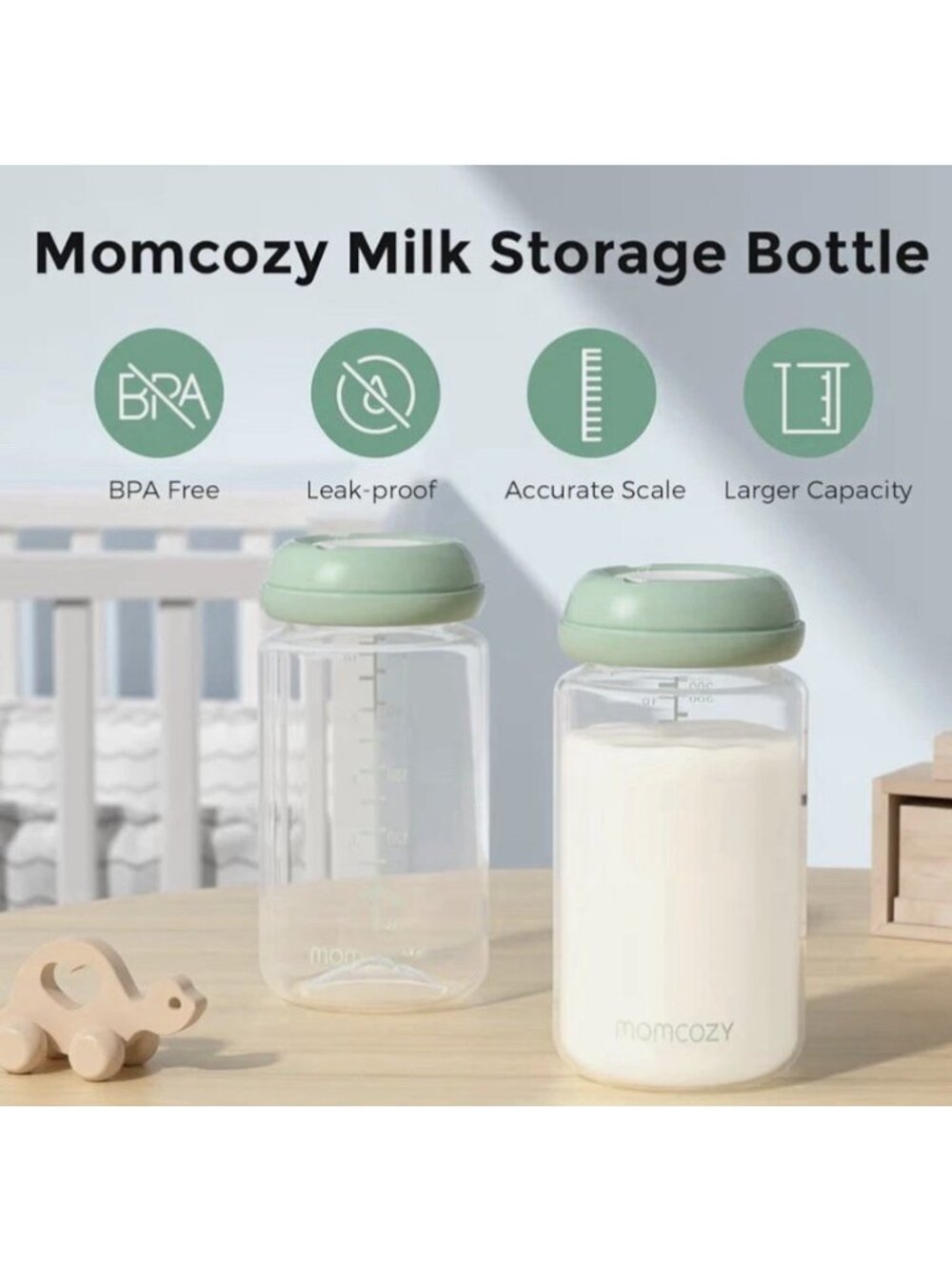 Momcozy Natural Baby Bottle, 10oz Wide Neck Breast Milk Storage Container 4ct - Picture 3 of 7